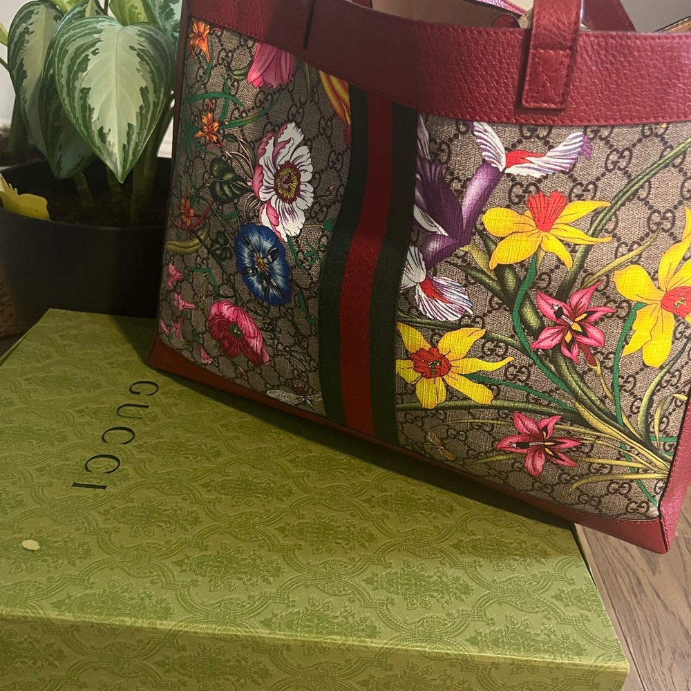 Gucci Multicolor Floral Tote Bag - Red and Brown